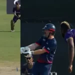 Travis Head is surprised as bat gets broken and goes flying in an attempt to pull Andre Russell during MLC 2024 clash
