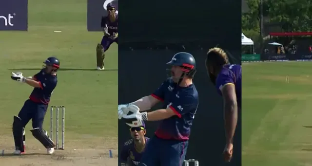 Travis Head is surprised as bat gets broken and goes flying in an attempt to pull Andre Russell during MLC 2024 clash