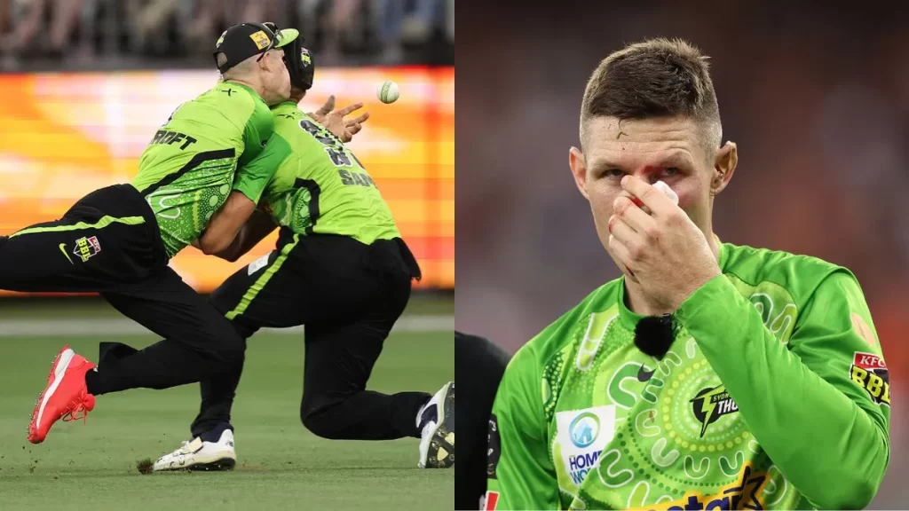 Cameron Bancroft and Daniel Sams convened to attempt to catch the same ball while playing for the Sydney Thunder against the Perth Scorchers but clashed in a horror incident