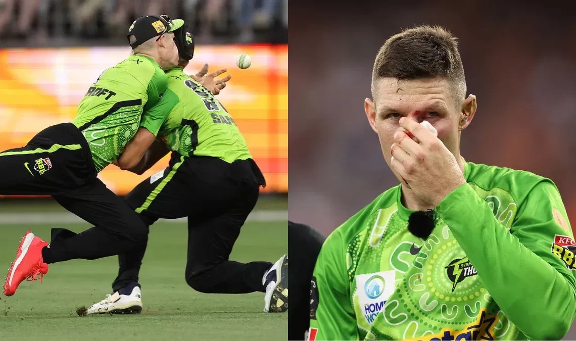 Cameron Bancroft and Daniel Sams convened to attempt to catch the same ball while playing for the Sydney Thunder against the Perth Scorchers but clashed in a horror incident