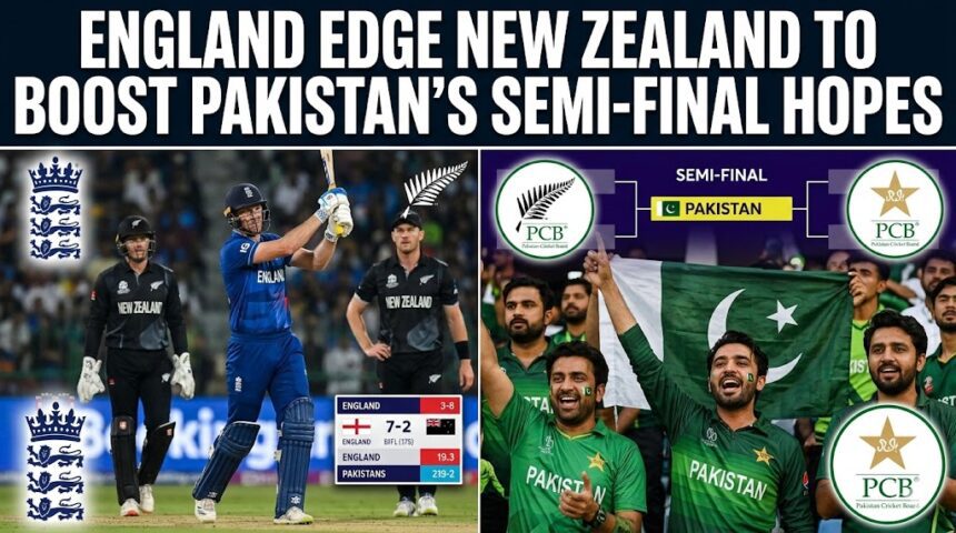 Will Jacks hitting a boundary during England's winning chase against New Zealand in the 2026 T20 World Cup.