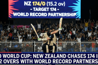 Finn Allen and Tim Seifert bumping fists after securing a 10-wicket victory for New Zealand against UAE.