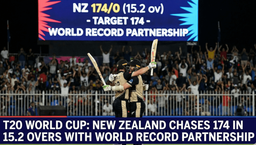 Finn Allen and Tim Seifert bumping fists after securing a 10-wicket victory for New Zealand against UAE.