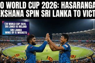 Wanindu Hasaranga celebrating a wicket with teammates during the Sri Lanka vs Ireland T20 World Cup match in Colombo.