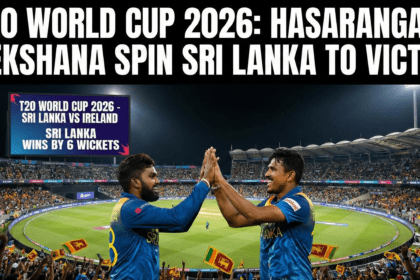 Wanindu Hasaranga celebrating a wicket with teammates during the Sri Lanka vs Ireland T20 World Cup match in Colombo.