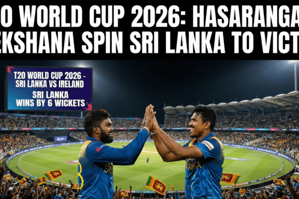 Wanindu Hasaranga celebrating a wicket with teammates during the Sri Lanka vs Ireland T20 World Cup match in Colombo.