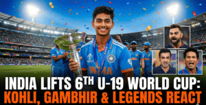 Vaibhav Suryavanshi raising his bat after scoring a century in the U-19 World Cup Final, with the scoreboard showing India's massive total.