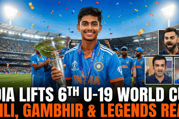 Vaibhav Suryavanshi raising his bat after scoring a century in the U-19 World Cup Final, with the scoreboard showing India's massive total.