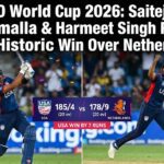 Harmeet Singh celebrating a wicket for Team USA during the match against the Netherlands in Chennai.