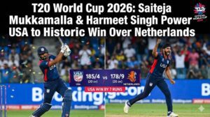 Harmeet Singh celebrating a wicket for Team USA during the match against the Netherlands in Chennai.