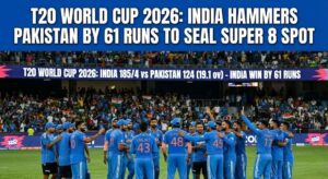 Indian cricket players celebrating a wicket during the T20 World Cup match against Pakistan in Colombo.