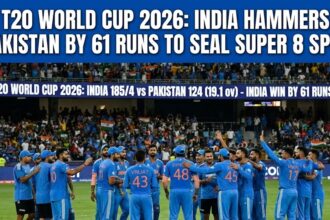 Indian cricket players celebrating a wicket during the T20 World Cup match against Pakistan in Colombo.