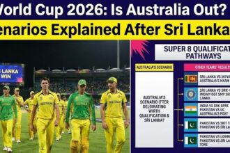 Sri Lankan cricket players celebrating a wicket against Australia during the T20 World Cup match in Pallekele.