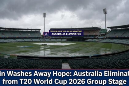 Ground staff covering the pitch at Pallekele International Stadium during heavy rain.