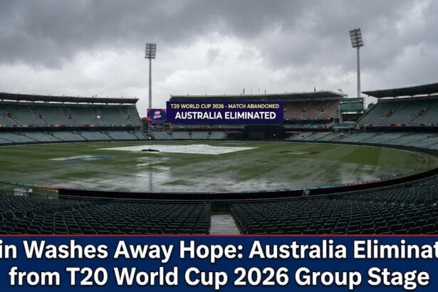 Ground staff covering the pitch at Pallekele International Stadium during heavy rain.