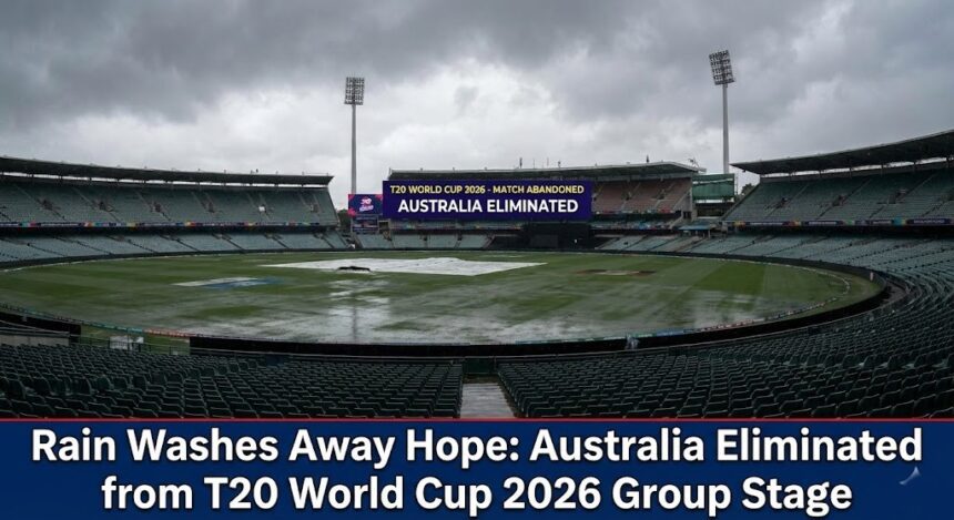 Ground staff covering the pitch at Pallekele International Stadium during heavy rain.