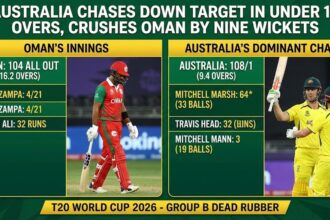 Mitchell Marsh hitting a six during Australia's run chase against Oman.