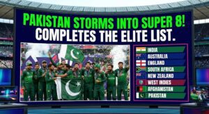 Pakistan cricket players celebrating their victory over Namibia to reach the Super 8s.