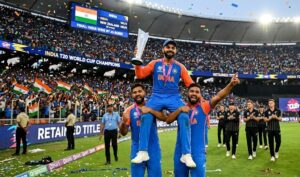 ndian cricket team celebrating with the T20 World Cup 2026 trophy at Narendra Modi Stadium.