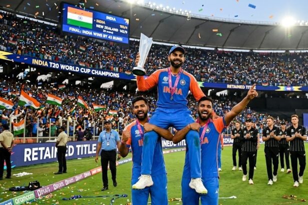 ndian cricket team celebrating with the T20 World Cup 2026 trophy at Narendra Modi Stadium.