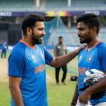 Rohit Sharma and Sanju Samson sharing a light moment during the T20 World Cup 2026.