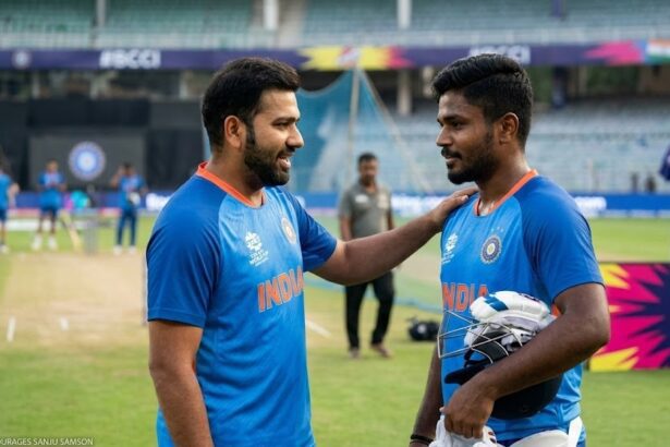 Rohit Sharma and Sanju Samson sharing a light moment during the T20 World Cup 2026.