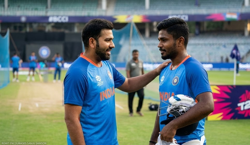 Rohit Sharma and Sanju Samson sharing a light moment during the T20 World Cup 2026.