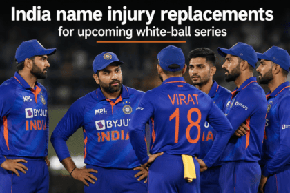 Indian cricket team players huddling together on the field in their blue limited-overs kits.