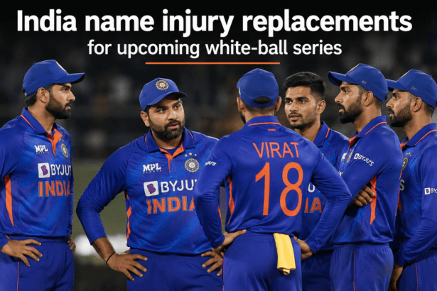 Indian cricket team players huddling together on the field in their blue limited-overs kits.