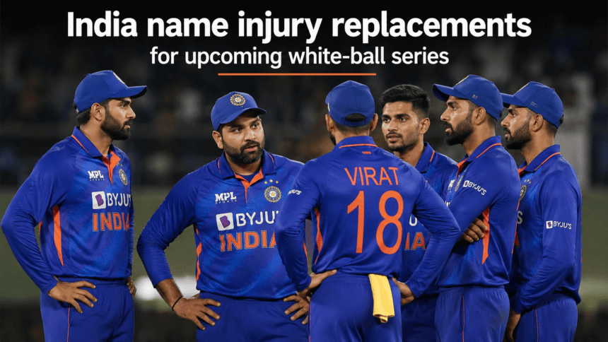 Indian cricket team players huddling together on the field in their blue limited-overs kits.
