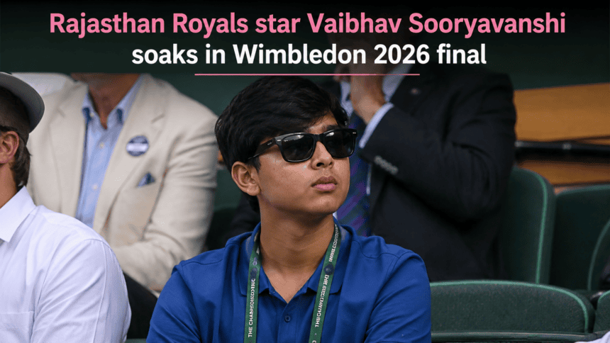Teenage Indian cricketer Vaibhav Sooryavanshi dressed in a formal black blazer, striped tie, and sunglasses while attending the Wimbledon tennis tournament.